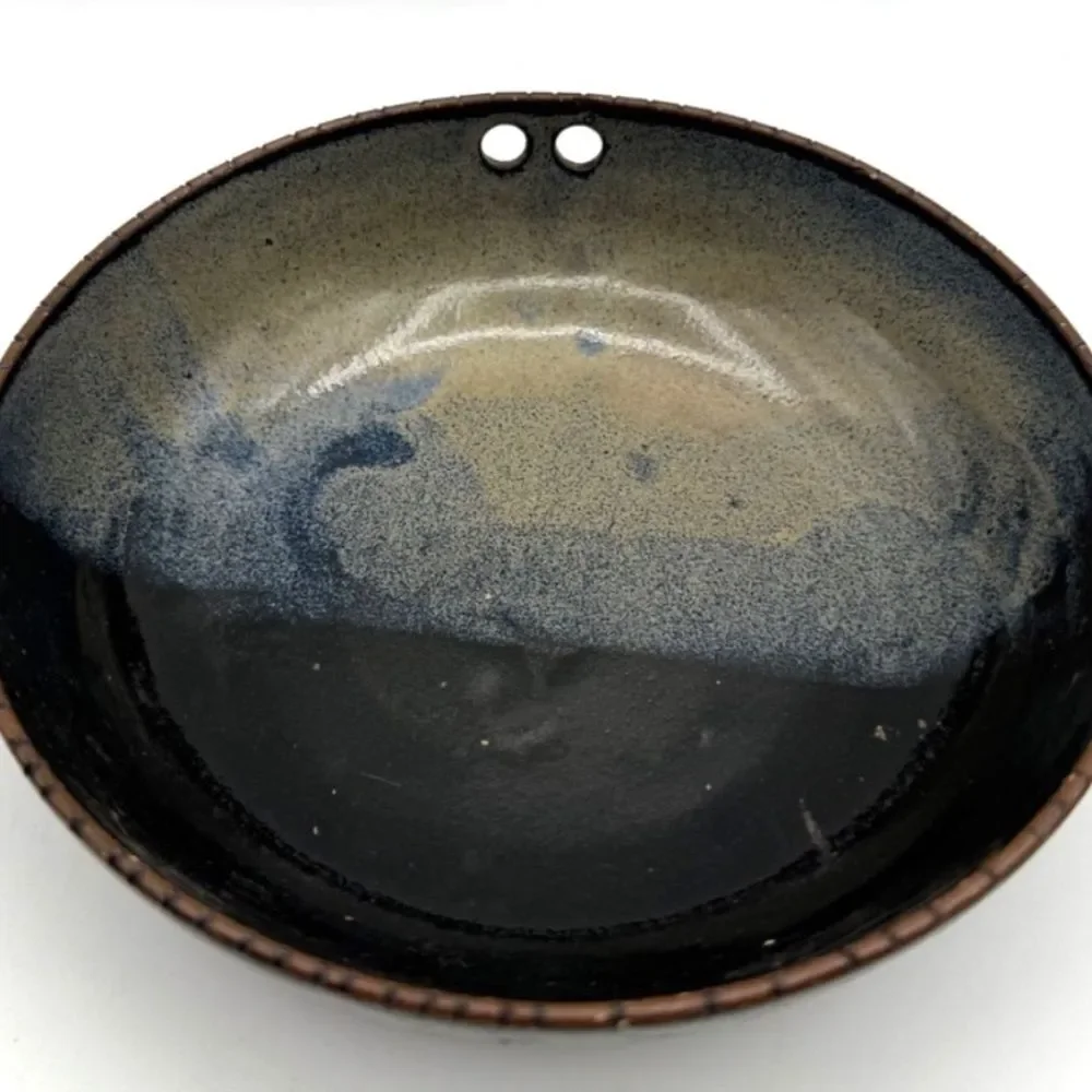 Vintage Japanese Ramen Bowls Chopstick Holes Blue Glaze 6